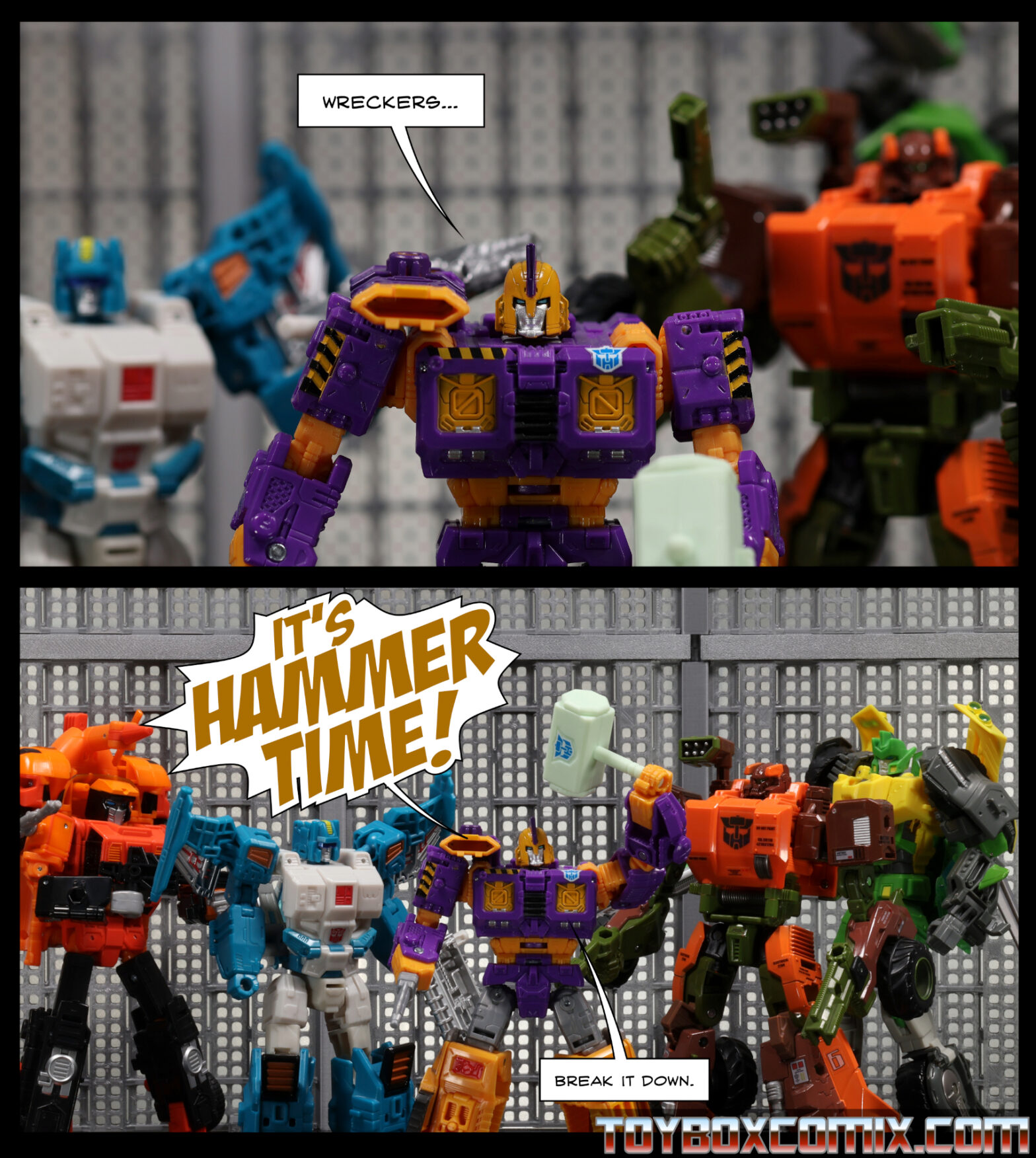 Panel 1: Roadbuster and Topspin are in the background.  Impactor:  “Wreckers…” Panel 2:  Impactor, dramatic font: “It’s hammer time!”  Sandstorm, Topspin, Springer, and Roadbuster look at him.  Impactor: “Break it down.”