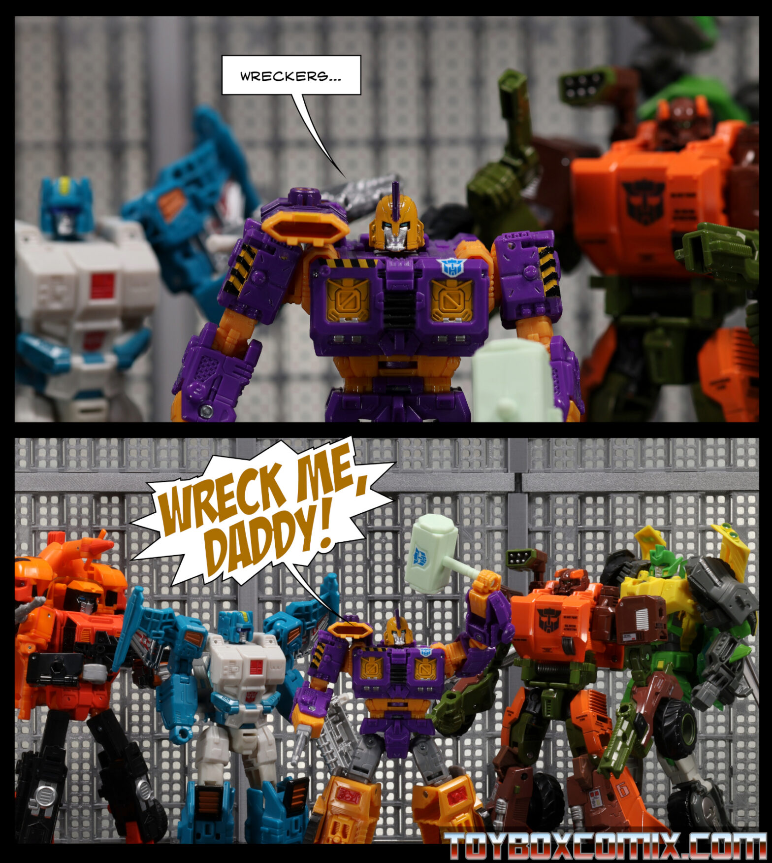 Panel 1: Roadbuster and Topspin are in the background.  Impactor:  “Wreckers…” Panel 2:  Impactor, dramatic font: “Wreck me, daddy!”  Sandstorm, Topspin, Springer, and Roadbuster look at him.